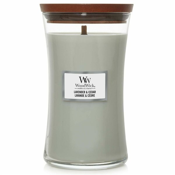 „WoodWick“ didelė „Hourglass“ žvakė su levandų ir kedro aromatu, 610 g