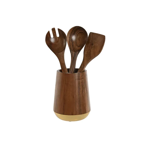 Pot for Kitchen Utensils Home ESPRIT Stainless steel Acacia 13 x 13 x 16,5 cm 4 Pieces