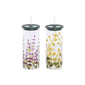 Cup with Straw Home ESPRIT Multicolour Silicone Borosilicate Glass (2 Units)