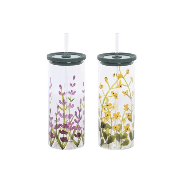 Cup with Straw Home ESPRIT Multicolour Silicone Borosilicate Glass (2 Units)