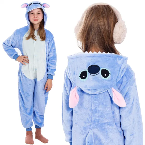 Lasten kigurumi-yöpuku Stitch, yksiosainen haalari Springos HA5065, koko 120-130 cm
