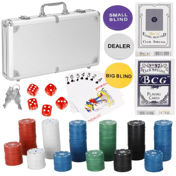 Pokerio rinkinys 300 žetonų, kortos, kilimėlis, kauliukai, lagaminas Springos KG0022