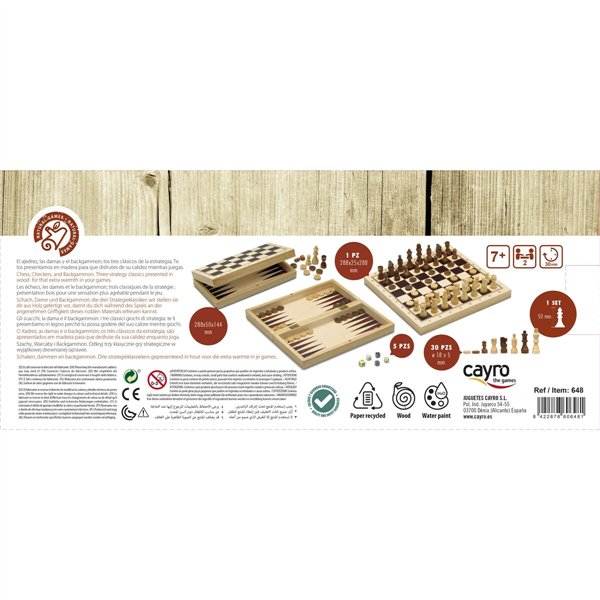 Set of 3 Board Games Cayro 648 Wood 29 x 29 cm 3-in-1 Chess Backgamon Ladies