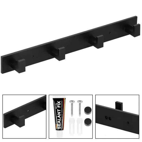Wall-mounted bathroom hanger with 4 hooks Springos HA5178, aluminum, black, for hallway and kitchen