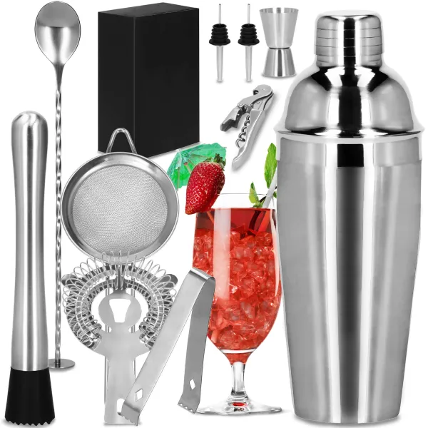 Baarimestarin setti shaker teline Springos KI0010 11 kpl hopea