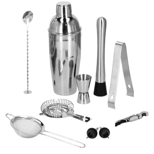 Baarimestarin setti shaker teline Springos KI0010 11 kpl hopea