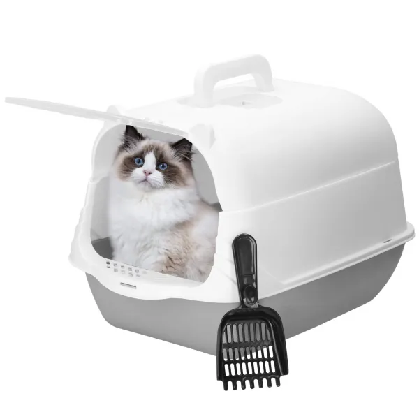 Закрытый кошачий туалет с лопаткой Springos PA0335 49x36x35 см серо-белый
