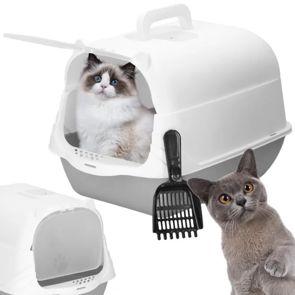 Закрытый кошачий туалет с лопаткой Springos PA0335 49x36x35 см серо-белый