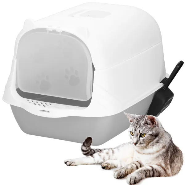 Closed Cat Litter Box with Scoop Springos PA0335 49x36x35 cm Gray-White