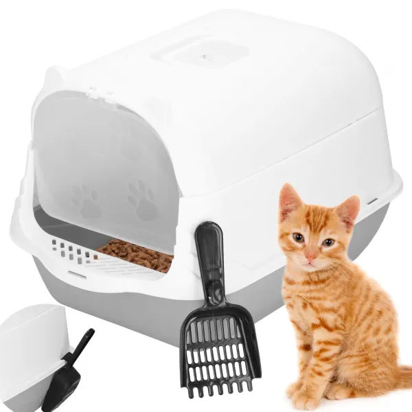 Closed Cat Litter Box with Scoop Springos PA0335 49x36x35 cm Gray-White