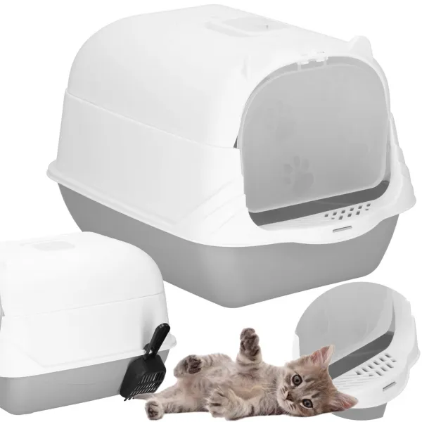 Closed Cat Litter Box with Scoop Springos PA0335 49x36x35 cm Gray-White