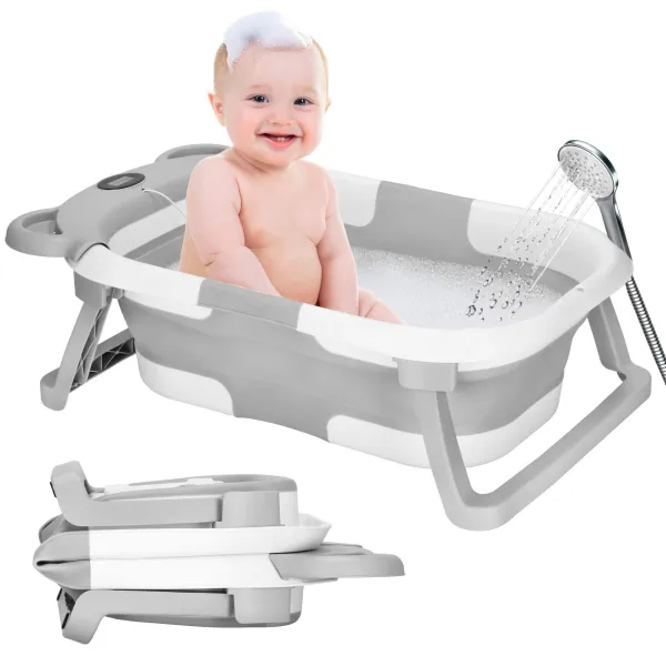 Baby Bathtub Springos SB0062, silicone, with drain plug and thermometer, 27.5 L, portable, white-gray