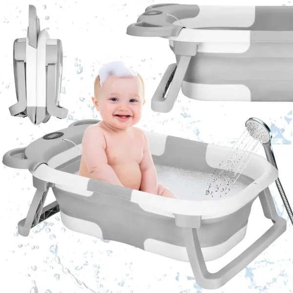 Baby Bathtub Springos SB0062, silicone, with drain plug and thermometer, 27.5 L, portable, white-gray