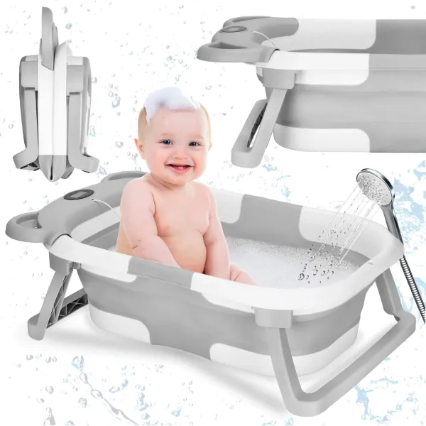 Baby Bathtub Springos SB0062, silicone, with drain plug and thermometer, 27.5 L, portable, white-gray