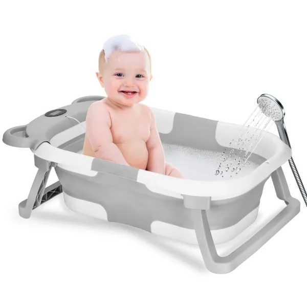 Baby Bathtub Springos SB0062, silicone, with drain plug and thermometer, 27.5 L, portable, white-gray