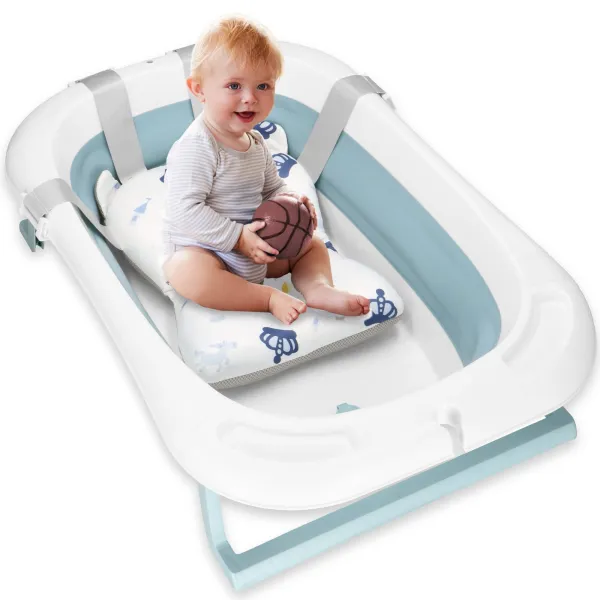 Baby Bathtub Springos SB0063, foldable, 35 L, with thermometer and pillow, white-blue