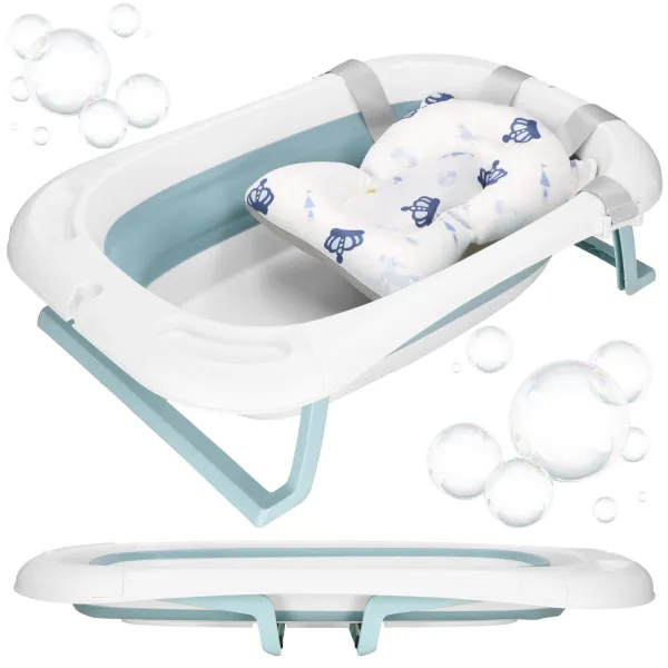 Baby Bathtub Springos SB0063, foldable, 35 L, with thermometer and pillow, white-blue