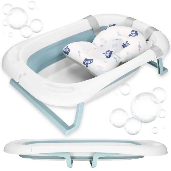 Baby Bathtub Springos SB0063, foldable, 35 L, with thermometer and pillow, white-blue