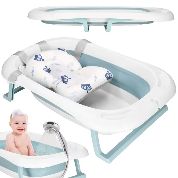 Baby Bathtub Springos SB0063, foldable, 35 L, with thermometer and pillow, white-blue
