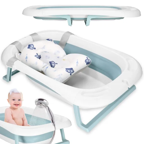 Baby Bathtub Springos SB0063, foldable, 35 L, with thermometer and pillow, white-blue