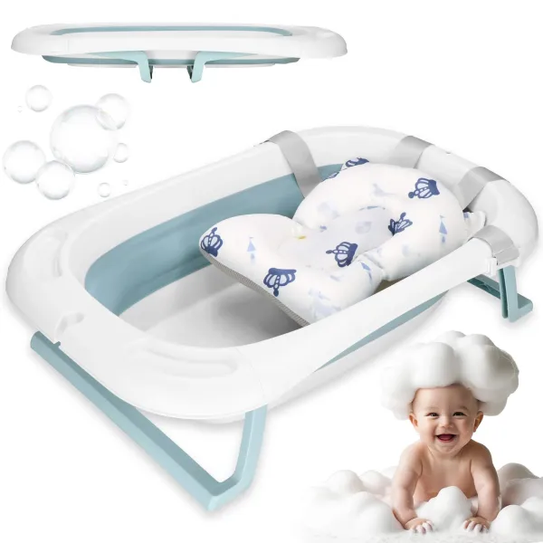 Baby Bathtub Springos SB0063, foldable, 35 L, with thermometer and pillow, white-blue