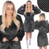 Women's bathrobe with hood Springos HA7364, size L/XL, dark gray