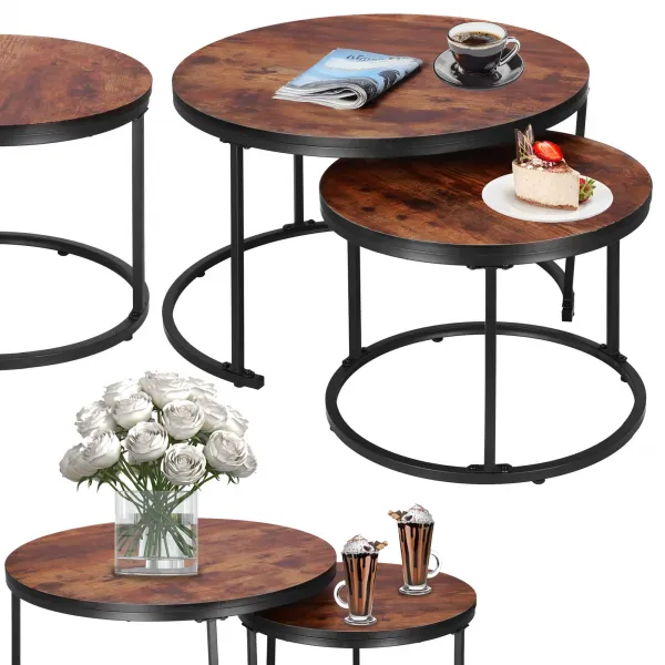 Loft-tyylinen kahvipöytäsetti Springos HF0034, 2 kpl, terästä, teollinen muotoilu, pyöreä, Ø 70 cm / 39,5 cm