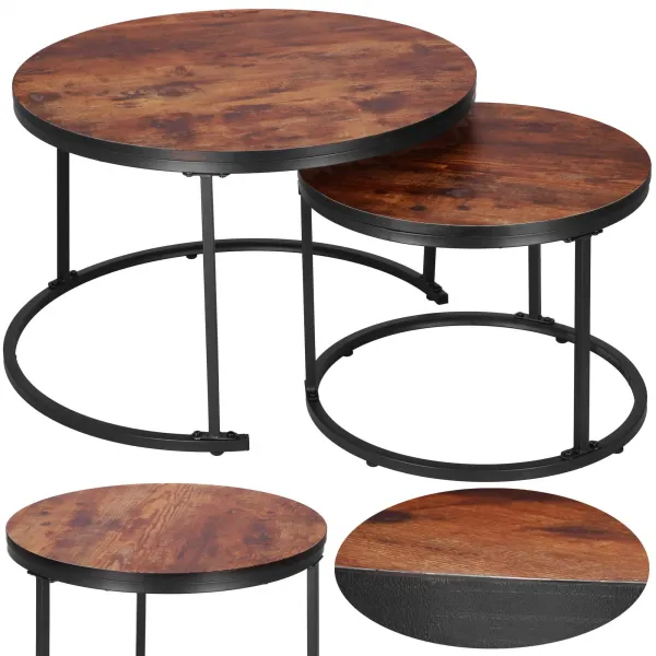 Loft-style coffee table set Springos HF0034, 2 pcs, steel, industrial design, round, Ø 70 cm / 39.5 cm